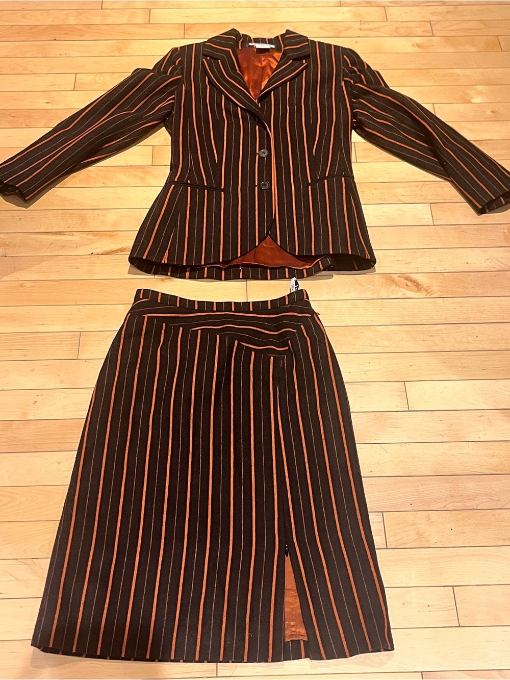 Striped Brown & Orange Two-Piece Skirt Set - Classic Tailored Style
